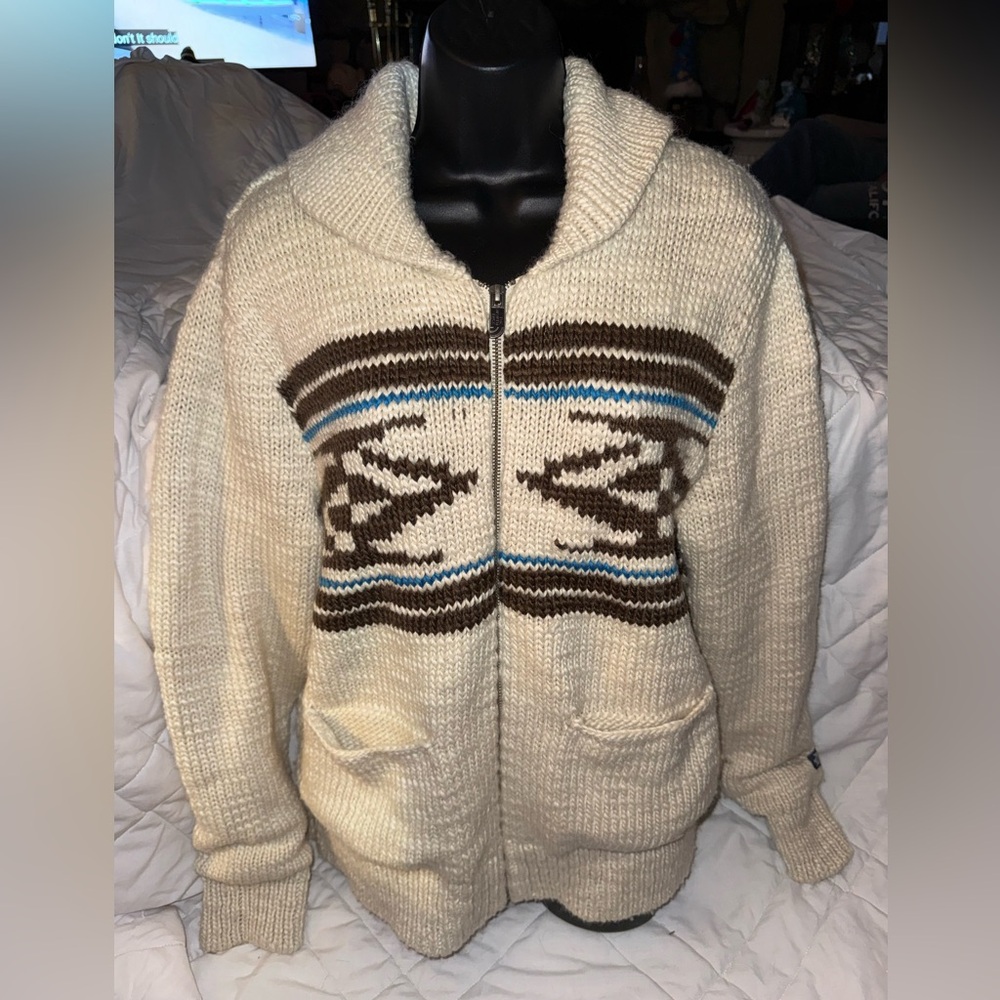 The North Face Wool Blend Knit Zip-Up Sweater Jacket Aztec Pattern Shaw Collar
